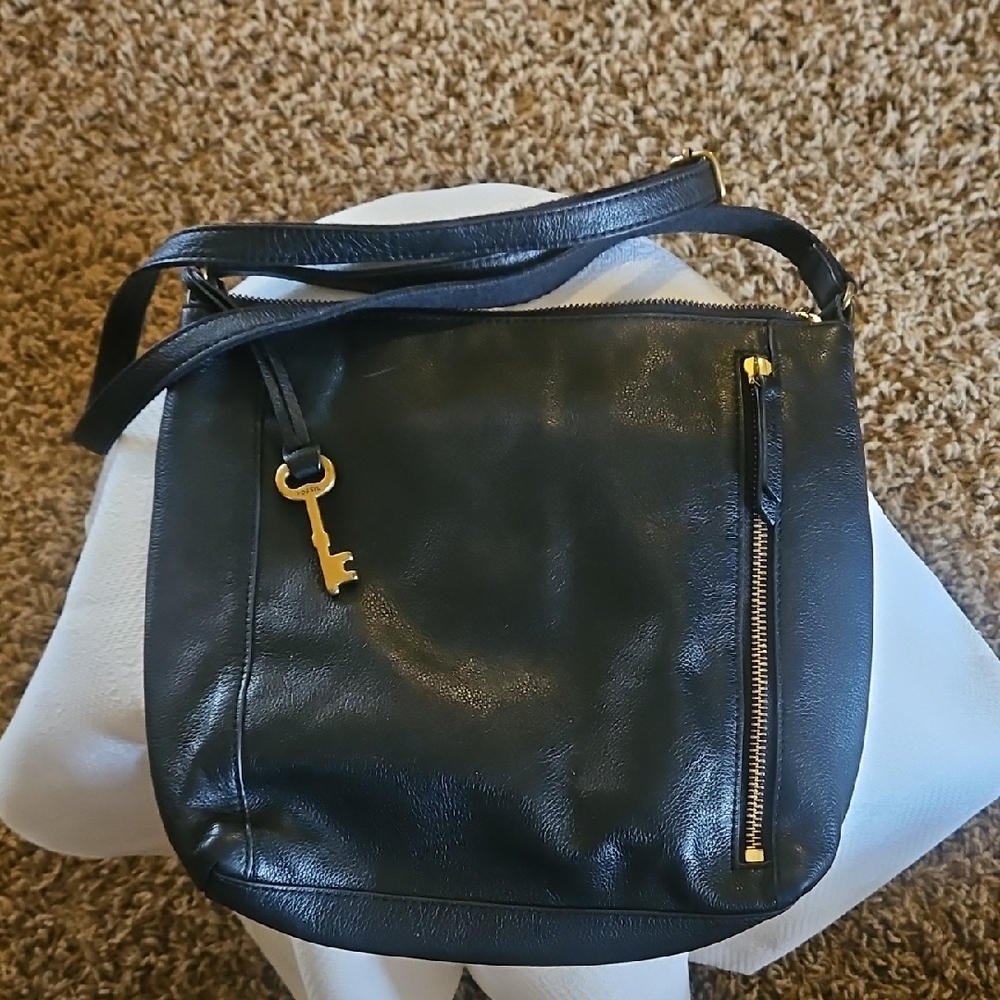 Fossil Black Leather Crossbody Bag with Gold Key Charm